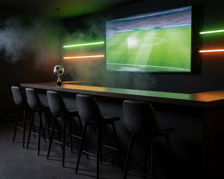 Aufger&auml;umte Bartheke einer Sportsbar mit Pokal, Fu&szlig;ball und Neonstreifen als Symbolbild f&uuml;r die Seiten&uuml;bersicht von Zoccer Casino