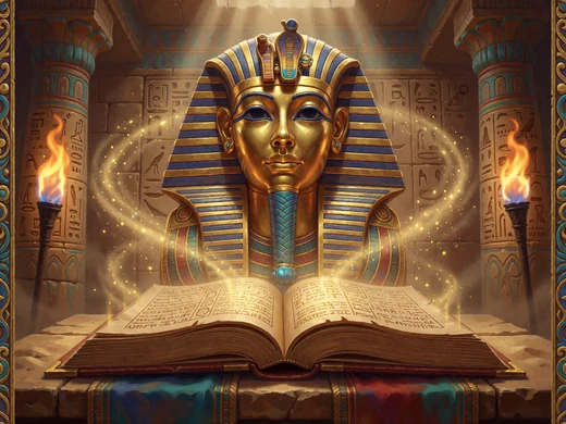 &Auml;gyptisches Slot-Motiv mit goldenem Buch und Pharaonenmaske f&uuml;r den Klassiker Book of Ra bei Zoccer Casino