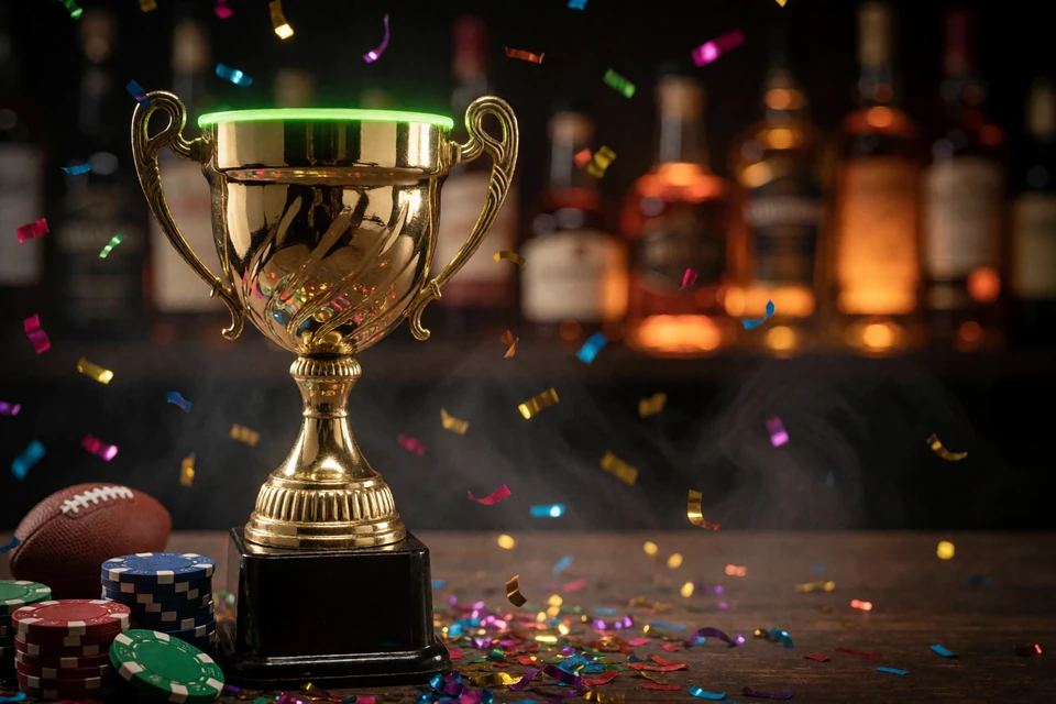 Goldener Pokal mit Konfetti und Chips auf der Bartheke als Sinnbild f&uuml;r VIP-Level und Cashback bei Zoccer