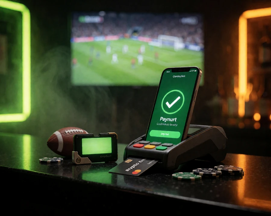 Smartphone mit Auszahlungsbest&auml;tigung neben Kartenterminal und Krypto-Wallet auf der Bartheke - Auszahlungswege im Zoccer Casino