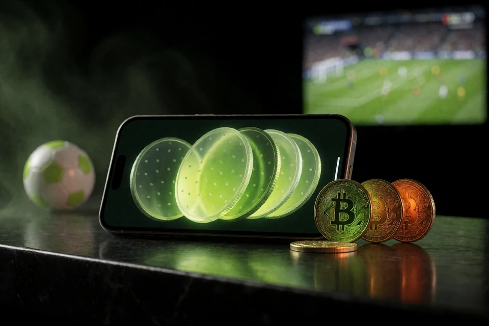 Smartphone mit leuchtender Krypto-Wallet und Coins auf der Bartheke als Sinnbild f&uuml;r den USDT-Bonus bei Zoccer