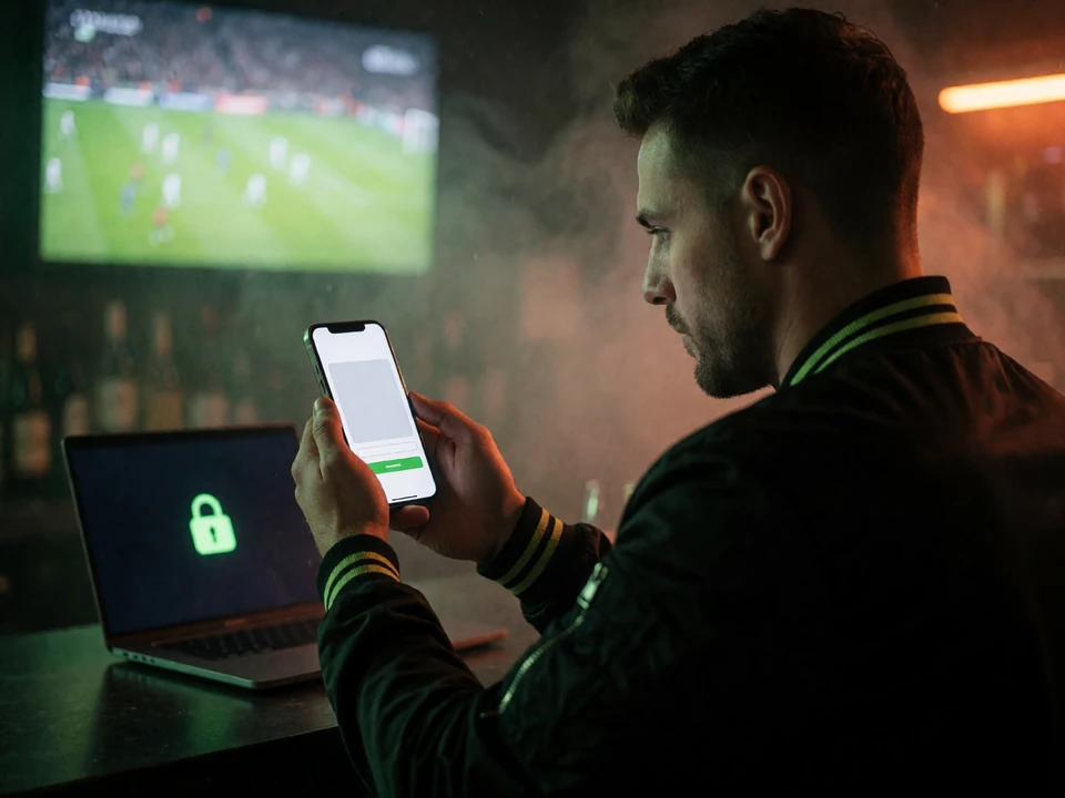 Spieler fotografiert seinen Ausweis am Bartresen f&uuml;r die KYC-Verifizierung vor der ersten Auszahlung bei Zoccer Casino