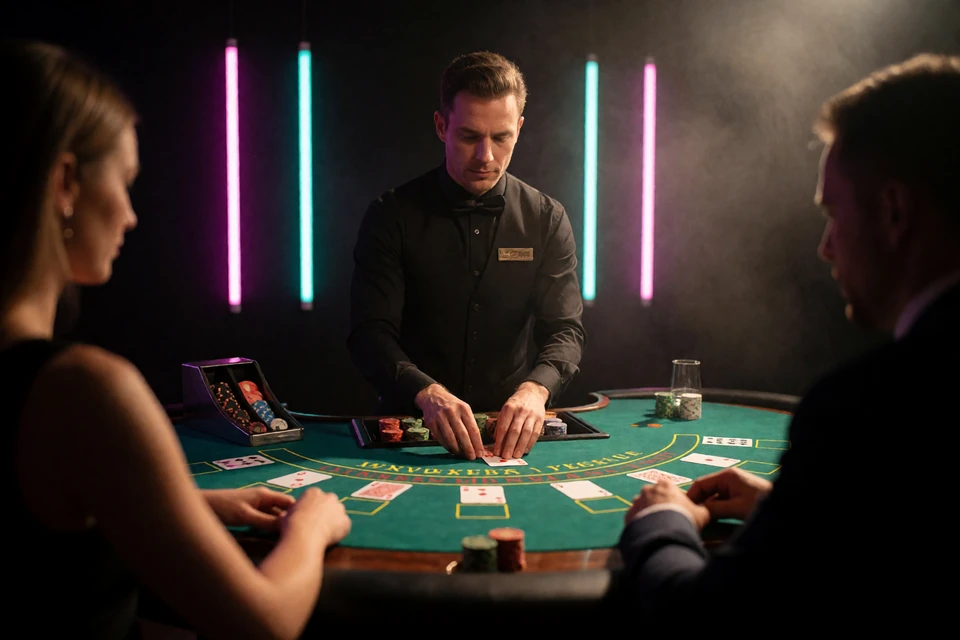 Croupier am Blackjack-Tisch unter Neonlicht als Beleg f&uuml;r echte Dealer-Spiele im Live Casino von Zoccer