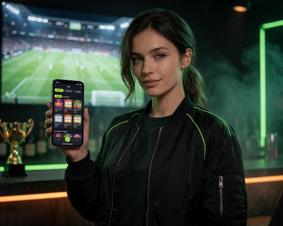 Model in schwarzer Bomberjacke zeigt die Zoccer Casino Spiele-Lobby mit Kategoriereitern auf dem Smartphone in einer Sportsbar