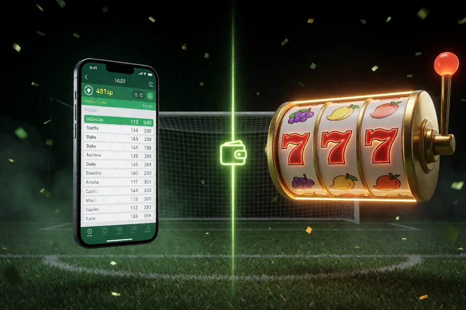 Wettschein auf dem Smartphone und leuchtende Slot-Walze verbunden durch ein Wallet-Symbol im Zoccer Casino