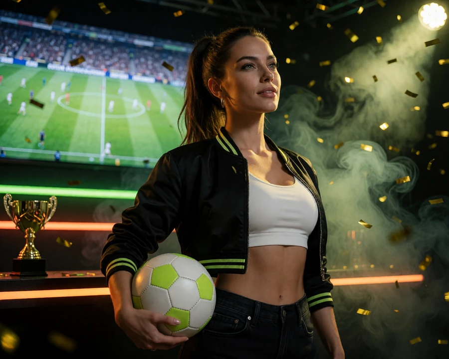 Model in schwarzer Bomberjacke mit Fu&szlig;ball und Konfetti vor leuchtendem Match-Screen bewirbt den Casino Bonus von Zoccer