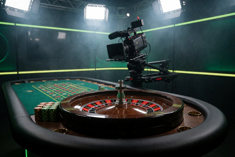 Live-Roulette-Kessel im Streaming-Studio mit Broadcast-Kamera als Beleg f&uuml;r echte Dealer-Tische im Live Casino von Zoccer