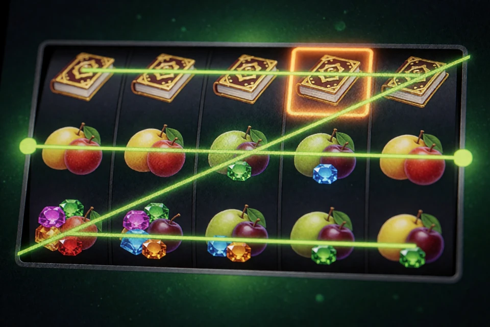 Nahaufnahme eines Slot-Walzenrasters mit leuchtenden Gewinnlinien zur Erkl&auml;rung von RTP und Volatilit&auml;t im Zoccer Casino